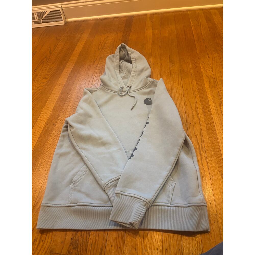 Carhartt Hoodie Womens L Light Blue  Relaxed Fit Logo Sleeve Pullover Sweatshirt